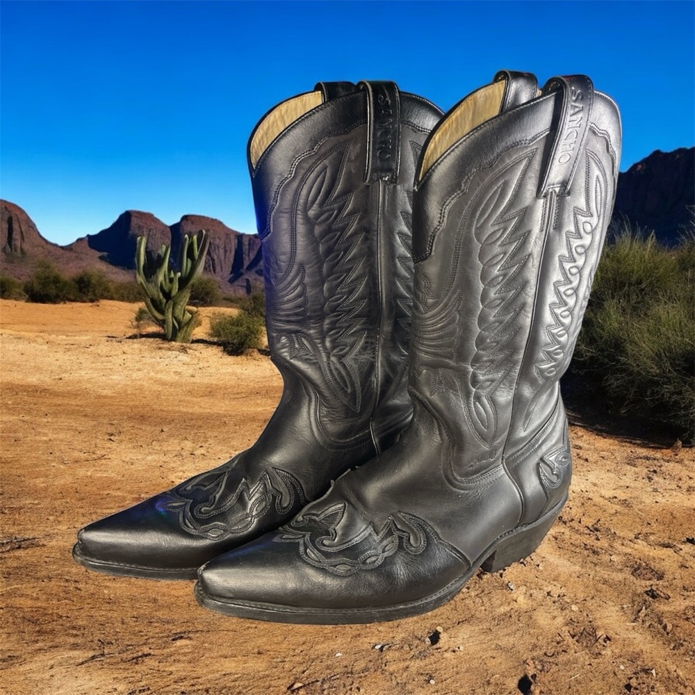 Men's Black Western Sancho Boots with Inlays | Size 10
